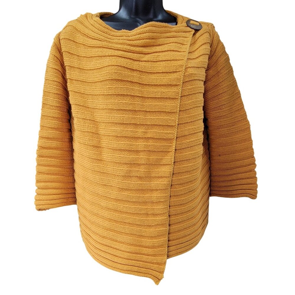 Pure Handknit Wrap Sweater Mustard Yellow Ribbed Cardigan Jacket Womens S/M